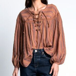 One Teaspoon Desert Stripe Tunic Top Size S Brown Peasant Boho Balloon Sleeve